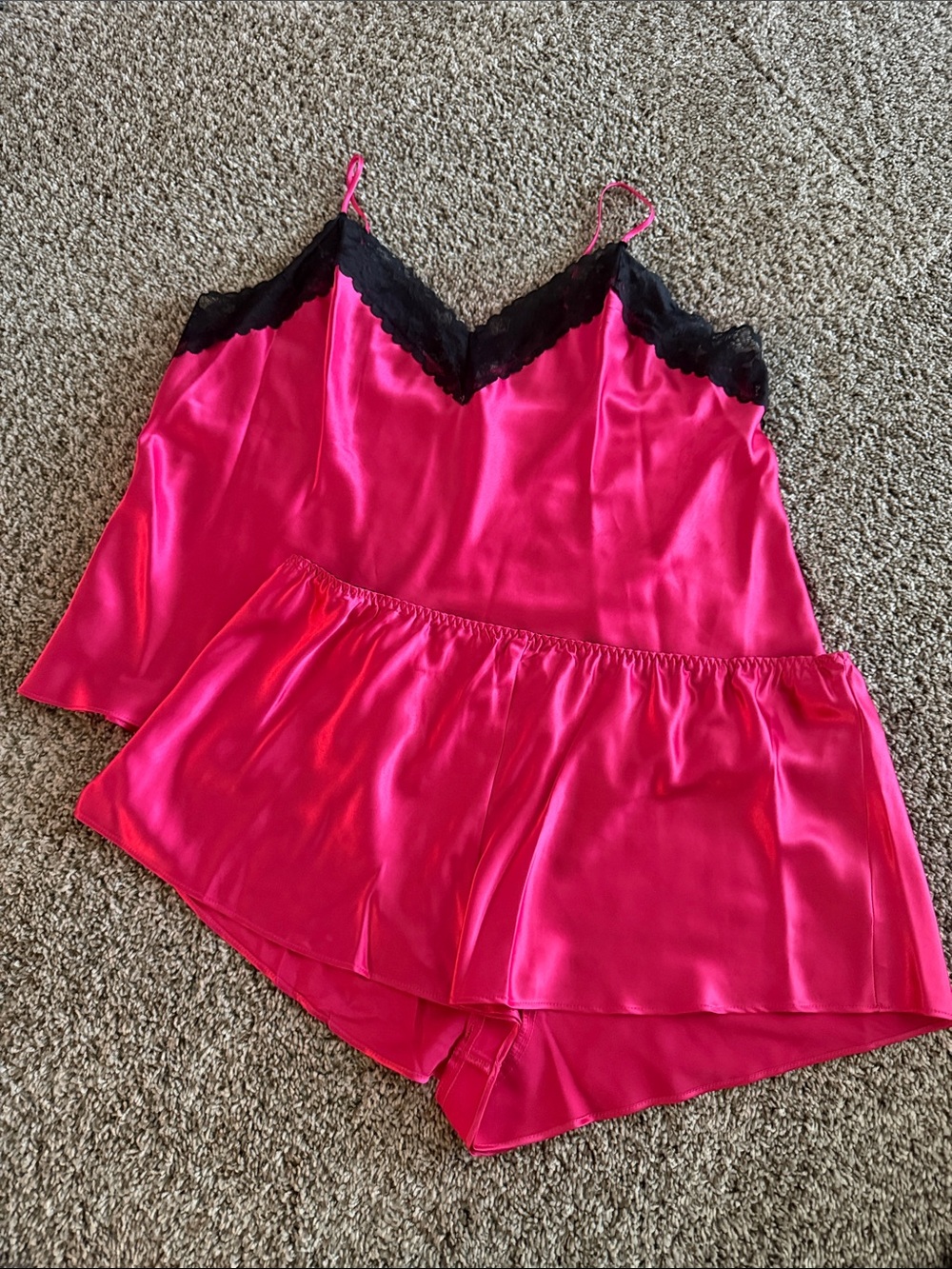 Lace-Trim Satin Cami & Shorts Sleep Set - Hot Pink